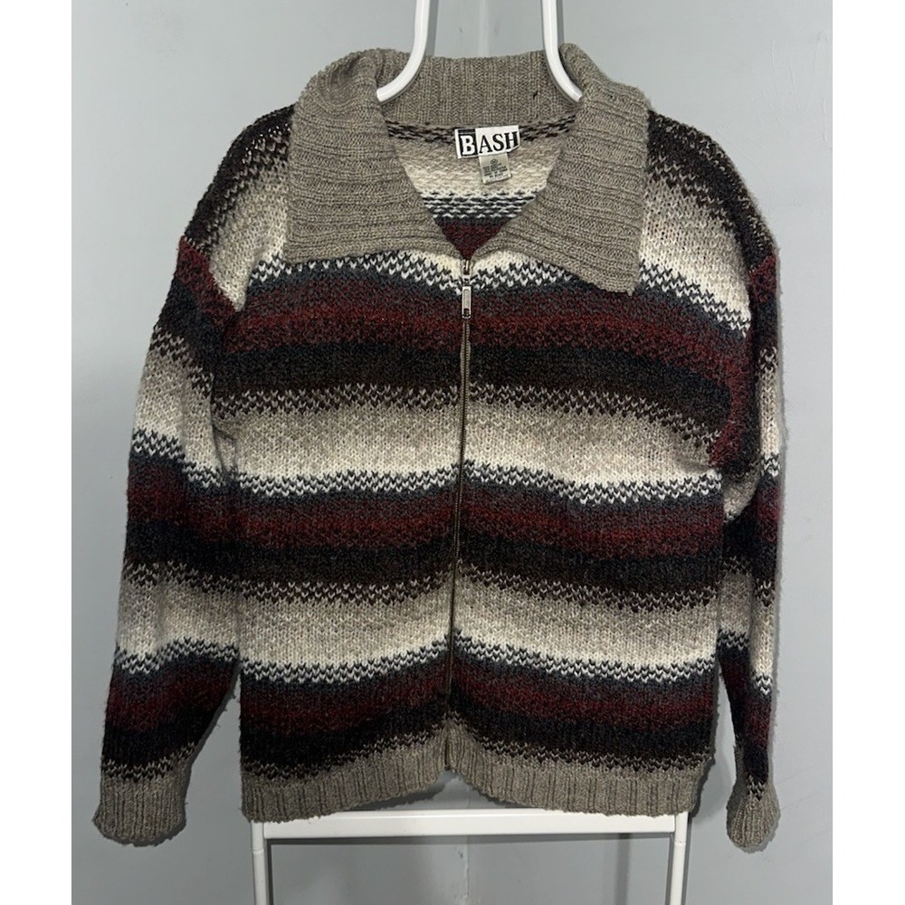 VTG Bash Wool Blend Zip Up Sweater Cardigan Aztec Sz M Chunky Knit Y2K Red White